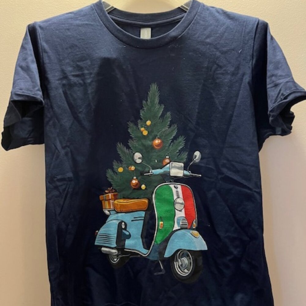 NWT Vespa Moped Christmas Tree Graphic Short Sleeve T-Shirt Women Large Navy